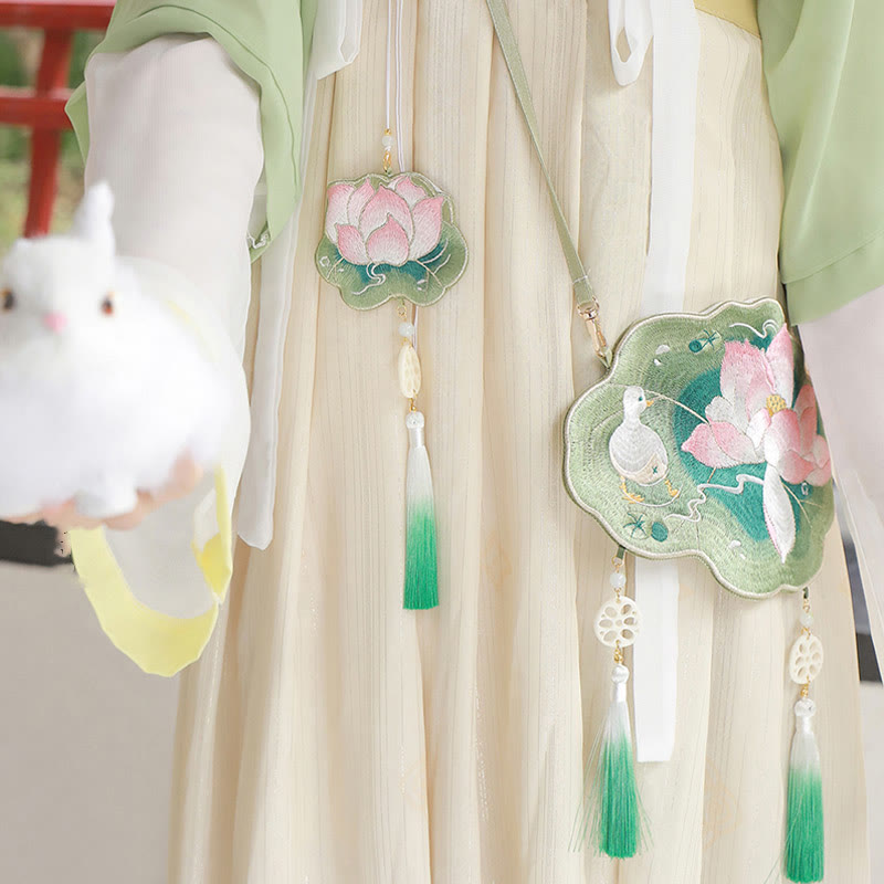 Buddha Stones Szczęście Haft Lotos Koi Ryba Królik Kwiat Hanfu Torba Crossbody Torba na Ramię
