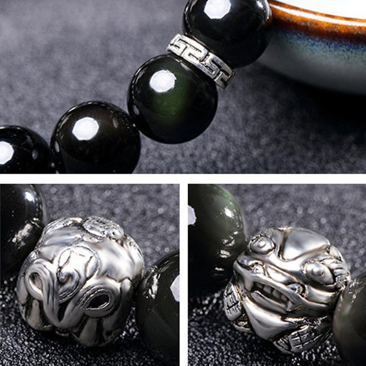 Buddha Stones Bransoletka błogosławieństwa FengShui z naturalnego tęczowego obsydianu PiXiu