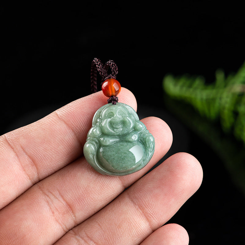 Buddha Stones Śmiejący się Budda Cyjan Jade Naszyjnik Sukcesu Wisiorek Sznurkowy - image 7