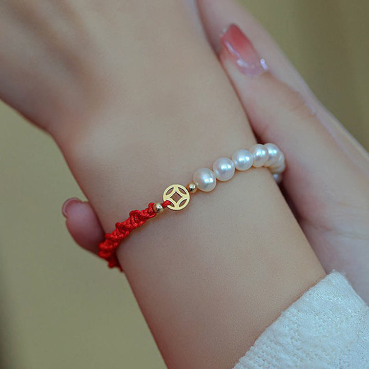 Bransoletka z czerwonego sznurka z perłowymi koralikami i powłoką ochronną 14K Gold