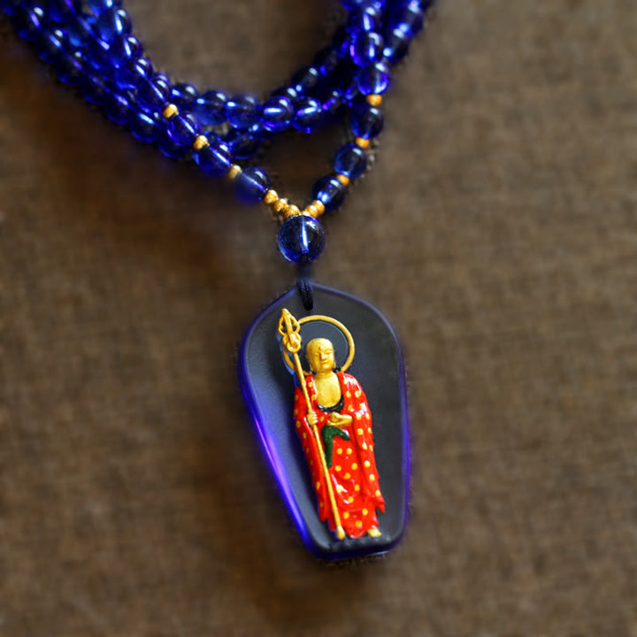 Buddha Stones Ksitigarbha Budda Liuli Kryształowy Amulet Współczucia Naszyjnik Wisiorek - Niebieski Stojący Ksitigarbha - image 7
