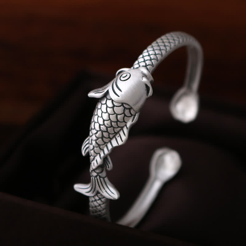 Buddha Stones 990 Srebro Sterling Ryba Koi Lotos Szczęście Bogactwo Bransoletka Bangle
