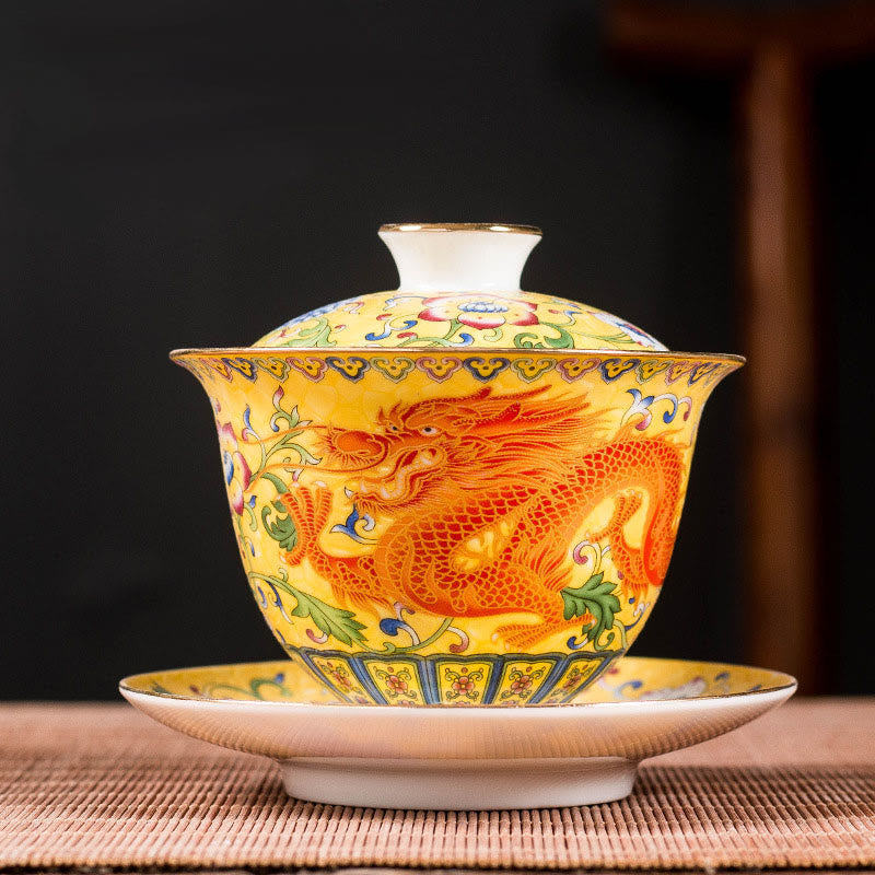 Buddha Stones Smok Feniks Kwiat Projekt Ceramiczny Gaiwan Sancai Filiżanka Kung Fu Filiżanka Do Herbaty I Spodek Z Pokrywką - Żółty - Smok 9,5 cm * 9,3 cm * 160 ml - image 6