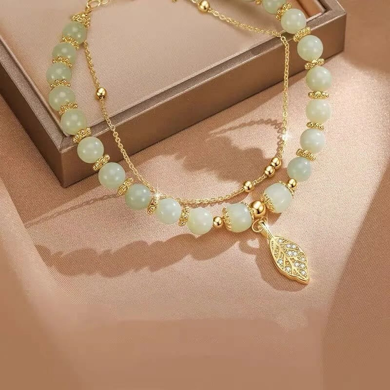 Buddha Stones Jade Liść Miłorząb Tulipan Orzeszek Fu Charakter Szczęścia Bransoletka Koralikowa