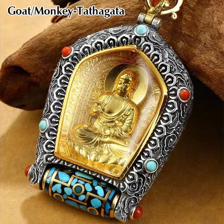 Tybetański chiński zodiak natalny budda thangka dobrobyt obrotowy naszyjnik z koralików dzi wisior - Koza/Małpa-Tathagata - image 9