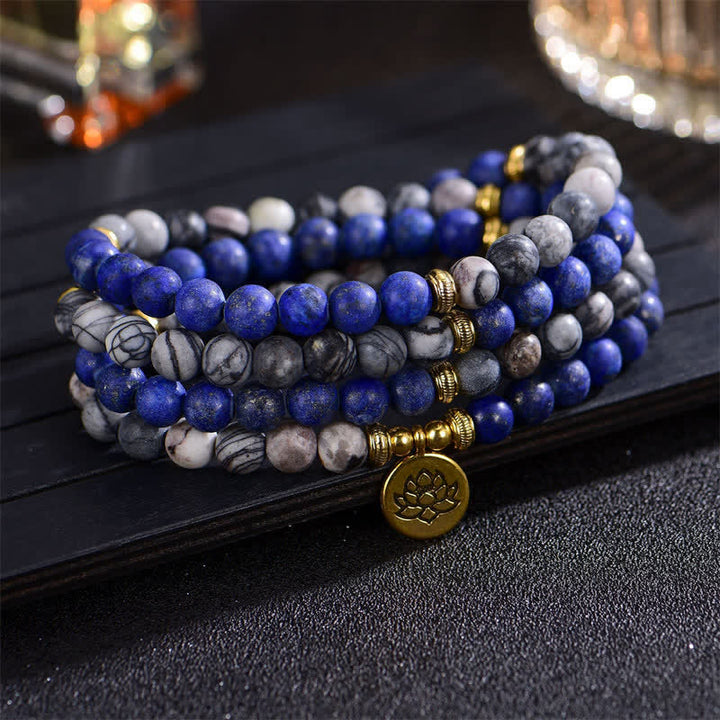 Buddha Stones Lazuryt Picasso Jaspis Amazonit Rodonit Apatyt Pozytywna Bransoletka z Koralików Modlitwy Lotosu