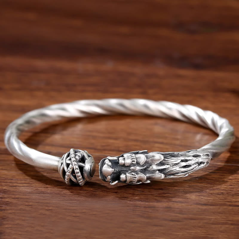 Buddha Stones 999 Srebro Sterling Rok Smoka Szczęście Siła Metalowa Bransoletka Mankietowa Bangle