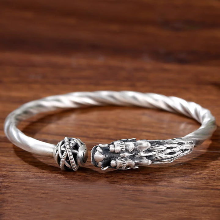Buddha Stones 999 Srebro Sterling Rok Smoka Szczęście Siła Metalowa Bransoletka Mankietowa Bangle