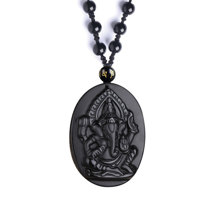 Buddha Stones Tybetański Obsydian Ganesh Ganpati Słoń Bogactwo Amulet Naszyjnik