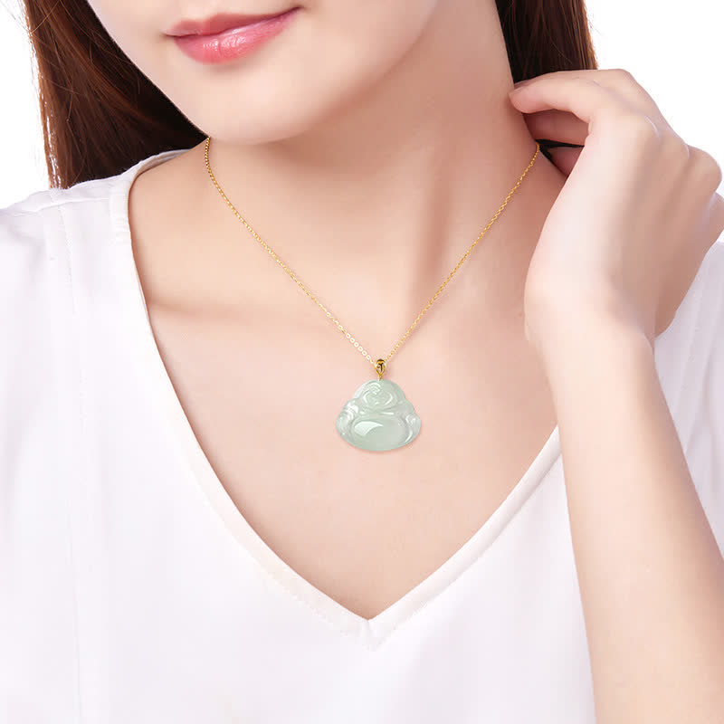 Śmiejący się Budda Naturalny Jade 18K Złoty Naszyjnik Obfitość Wisiorek - image 3
