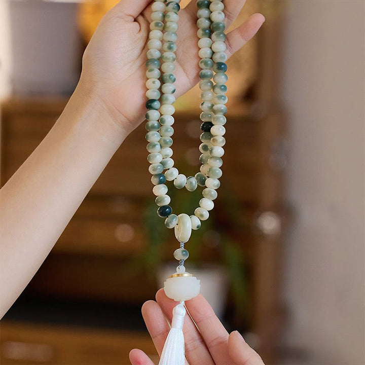 Buddha Stones Naturalne 108 Koralików Mala Bodhi Nasiona Lotosu Grawerowana Bransoletka Z Chwostem Mądrości