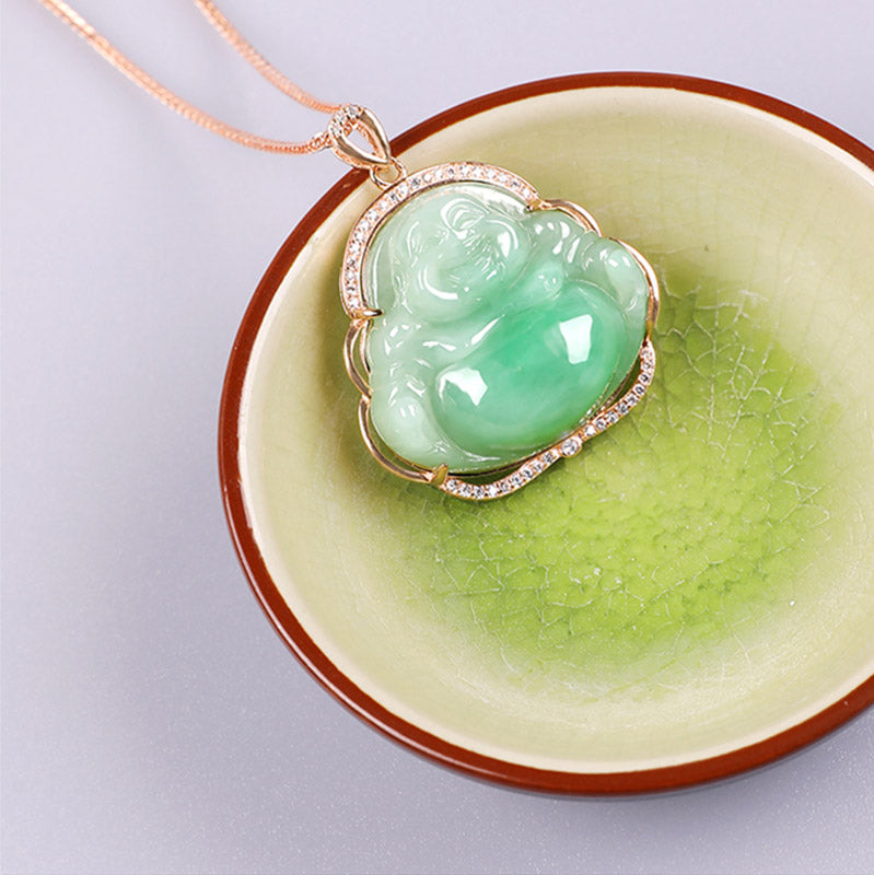 925 Srebrny naszyjnik z naturalnym jadeitem i śmiejącym się Buddą, łańcuszek z wisiorkiem - image 7