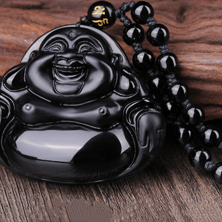 Naszyjnik z Buddha Stones Śmiejący się Budda Czarny Obsydian Transformacja - image 5