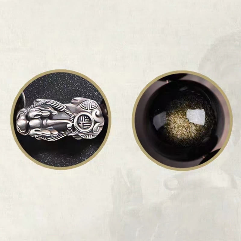 Buddha Stones 925 Srebro Sterling Naturalny Złoty Połysk Obsydian PiXiu Bransoletka Ochrony Bogactwa