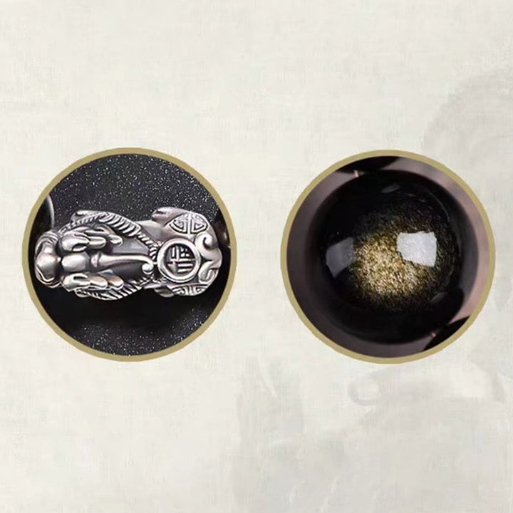 Buddha Stones 925 Srebro Sterling Naturalny Złoty Połysk Obsydian PiXiu Bransoletka Ochrony Bogactwa