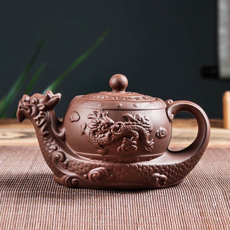 Buddha Stones Vintage Dragon Pomyślne Chmury Fioletowa Glina Ceramiczny Czajnik