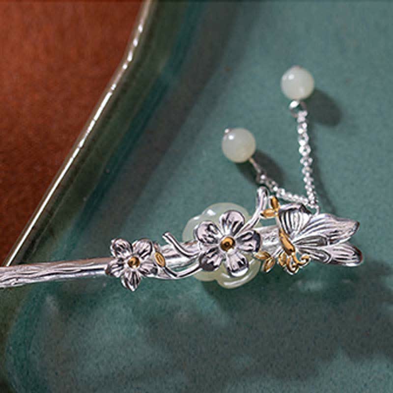 Spinka do włosów z kwiatem błogosławieństwa wykonana ze srebra próby 925 Hetian White Jade - image 9