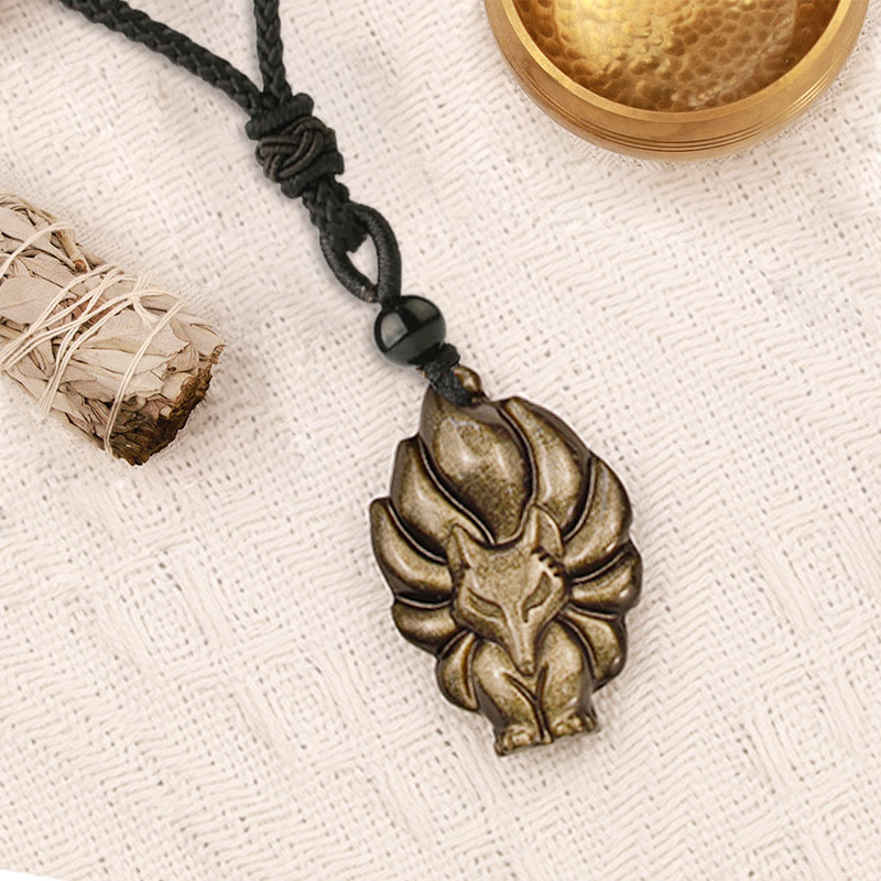 Buddha Stones Naturalny Fluoryt Złoty Połysk Obsydian Lis Wisiorek Ochrona Naszyjnik