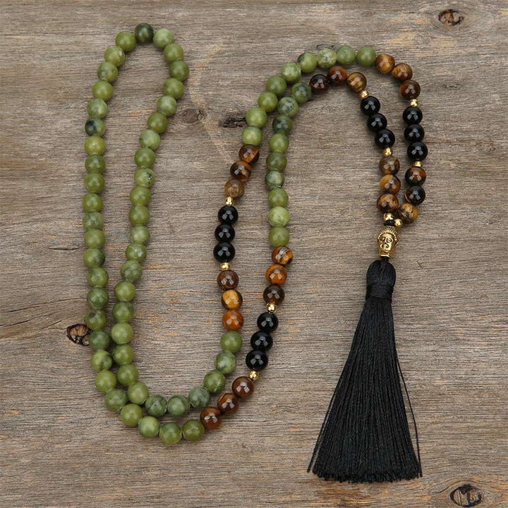 Bransoletka ochronna Mala z Buddha Stones z tybetańskiego zielonego jaspisu