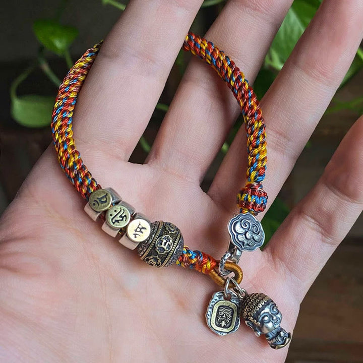 Buddha Stones Ręcznie robione Tybetańskie 925 Srebro Chiński Zodiak Natal Budda Zakiram Bogini Ochrony Bogactwa Wielokolorowa Bransoletka Pleciona Lina