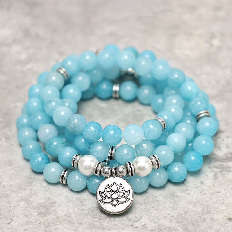 Buddha Stones Naturalny Kamień Amazonitowy Uzdrawiająca Bransoletka Lotos Mala