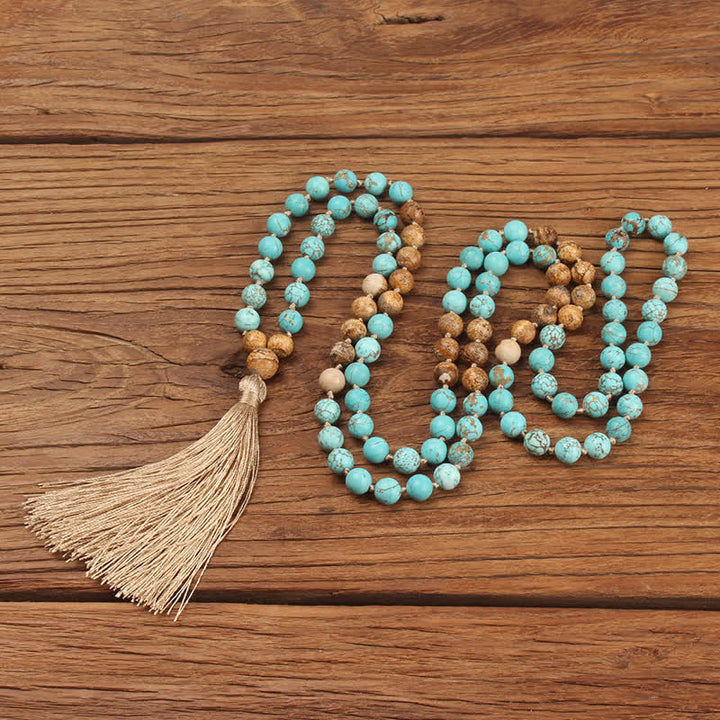 Buddha Stones 108 Mala Koraliki Turkusowy Obrazek Jaspis Mądrość Bransoletka Tassel