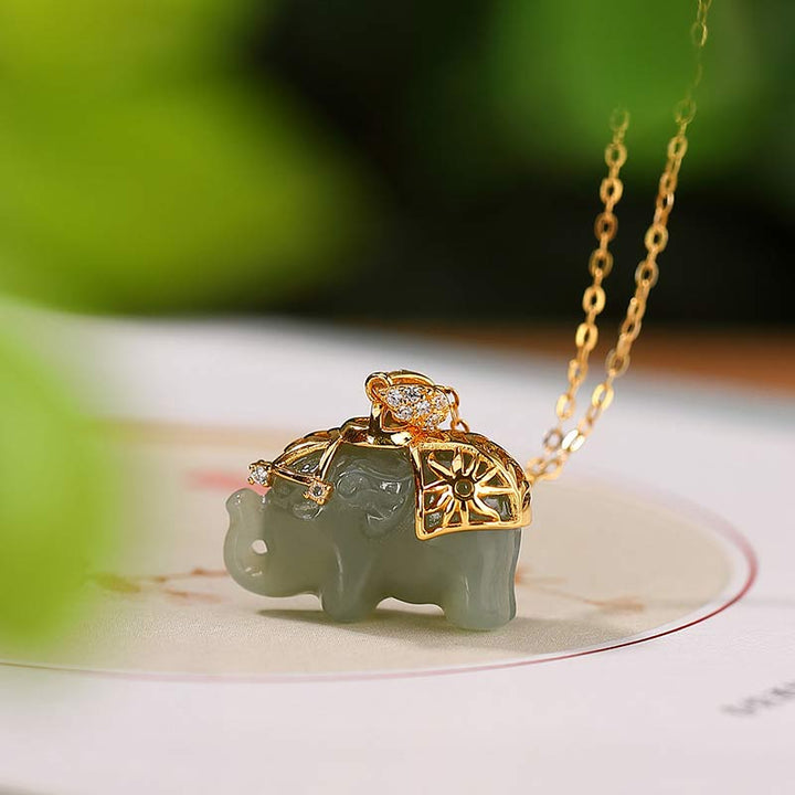 Buddha Stones 925 Srebro Sterlingowe Jade Elephant Blessing Fortune Naszyjnik Łańcuszek Wisiorek