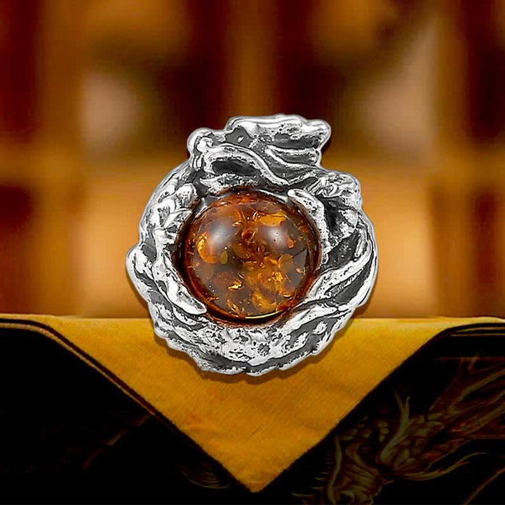 Buddha Stones 925 Srebro Sterling Naturalny Bursztyn Smok Sukces Ochrona