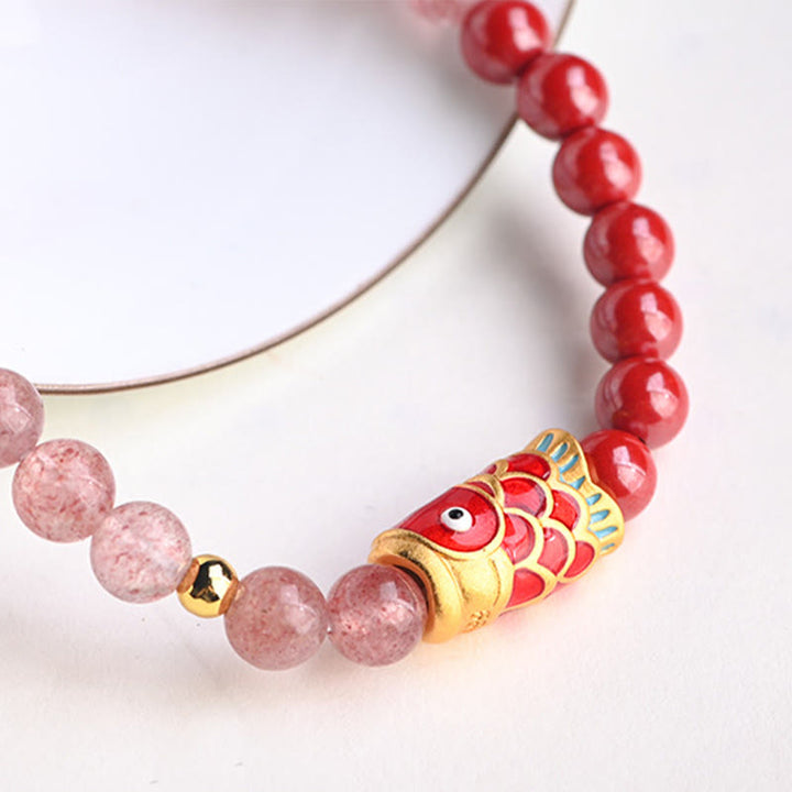 Buddha Stones Naturalny Kwarc Truskawkowy Cynober Lucky Koi Fish Healing Bransoletka