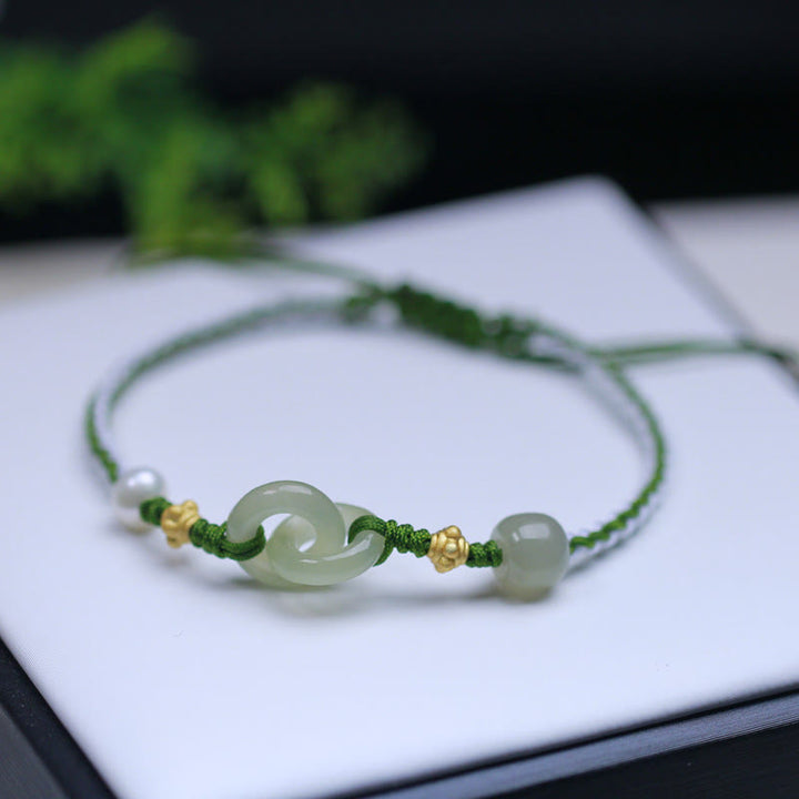 Buddha Stones 925 Srebro Sterlingowe Hetian Jade Podwójna Klamra Pokoju Szczęścia Bransoletka Pleciona