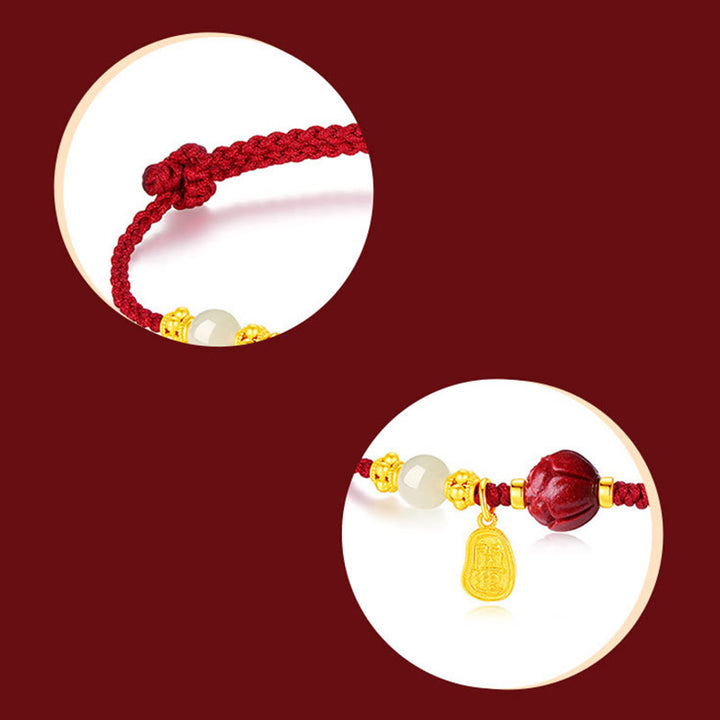 Bransoletka z Buddha Stones 24K pozłacana hetianem, białym jadeitem, cynobrem i sznurkiem szczęścia
