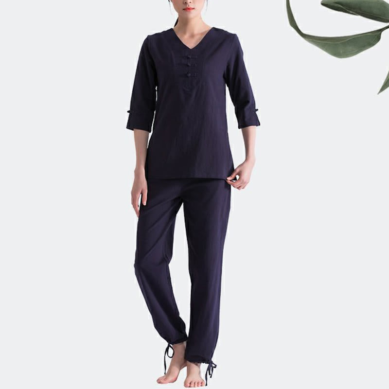 Buddha Stones Joga Medytacja Modlitwa Dekolt w serek Projekt Bawełna Len Odzież Jednolita Praktyka Zen Zestaw Damski - image 5