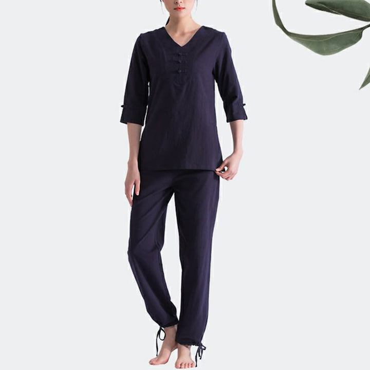 Buddha Stones Joga Medytacja Modlitwa Dekolt w serek Projekt Bawełna Len Odzież Jednolita Praktyka Zen Zestaw Damski - image 5