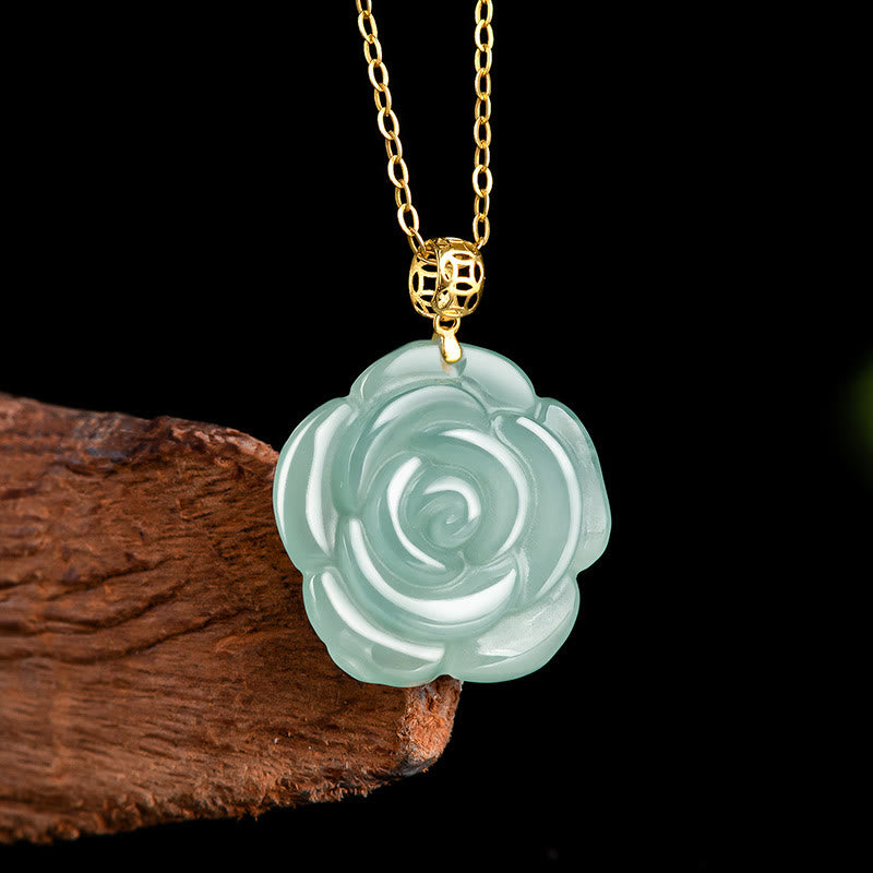 Buddha Stones 18K Złoto 925 Srebro Naturalny Jade Róża Szczęście Naszyjnik Wisiorek