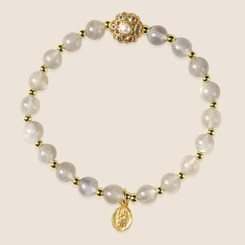 Buddha Stones 14K pozłacane Naturalny Kwarc Truskawkowy Labradoryt Kamień Słoneczny Fu Charakter Pozytywny Charm Bransoletka