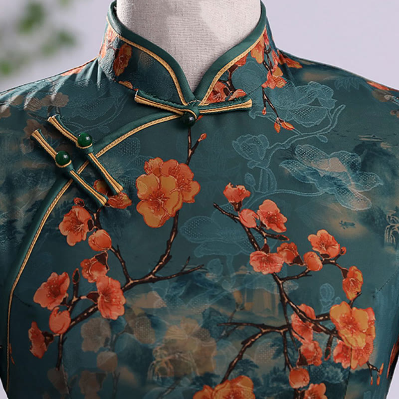 Buddha Stones Retro Kwiat Lotos Piwonia Pióro Druk Qipao Sukienka Damska Cheongsam Sukienka - image 7
