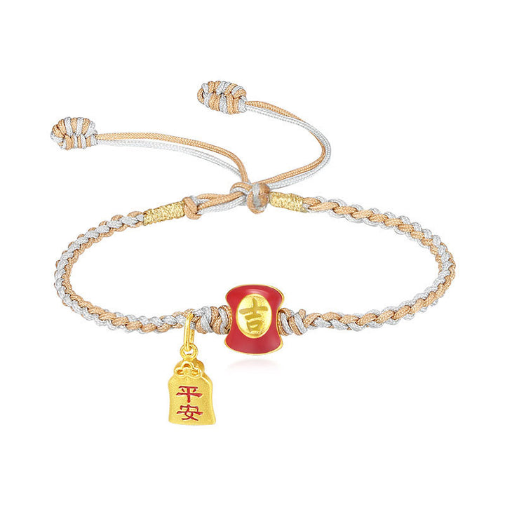 Buddha Stones 925 Srebro Sterling Ręcznie robione Pomyślne Chińskie Znaki Błogosławieństwa Bransoletka z Plecionego Sznurka