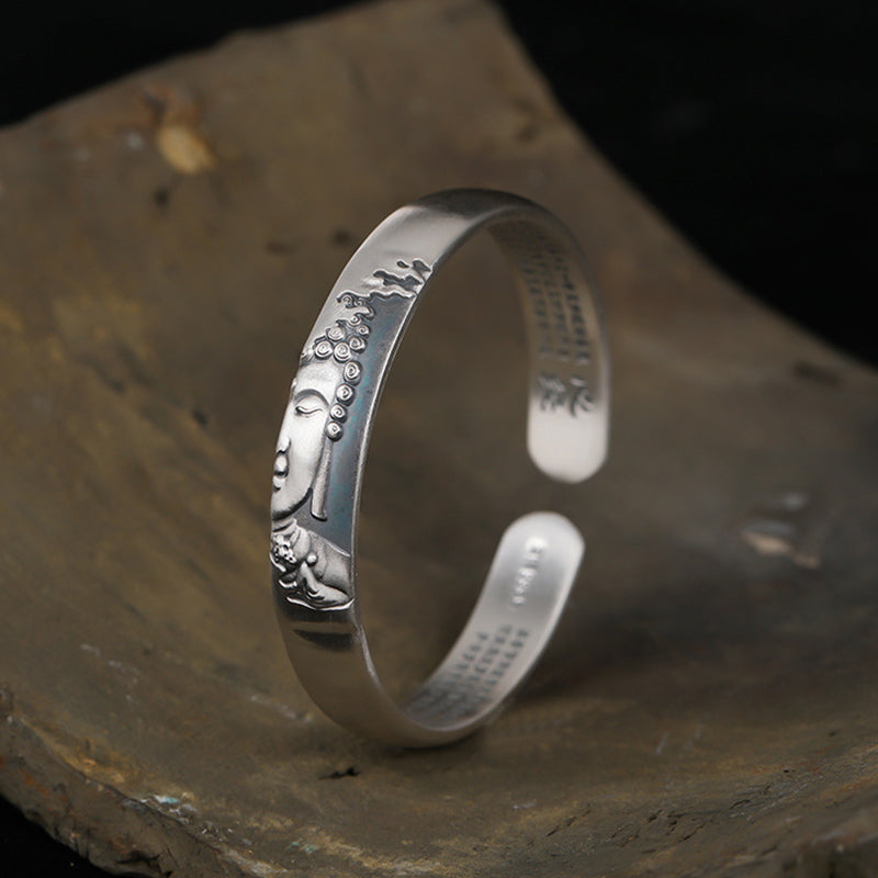 Buddha Stones 999 Srebro Sterling Głowa Buddy Serce Sutra Bransoletka Spokój