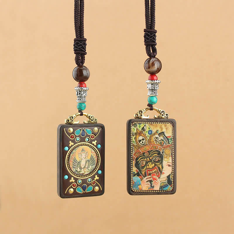 Buddha Stones Tybet Bóg Bogactwa Thangka Ebony Naszyjnik Pokój Wisiorek