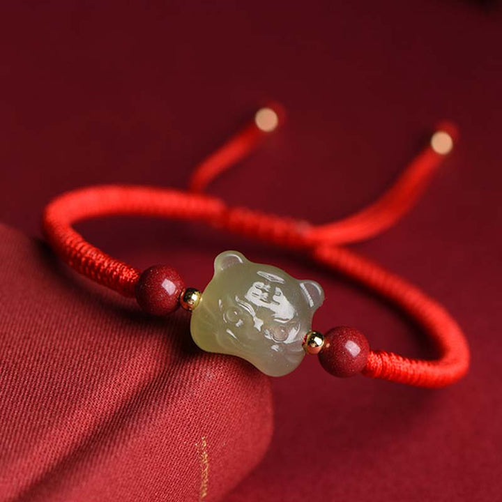 Bransoletka z jadeitu i cynobru z Buddha Stones, szczęście, tygrys