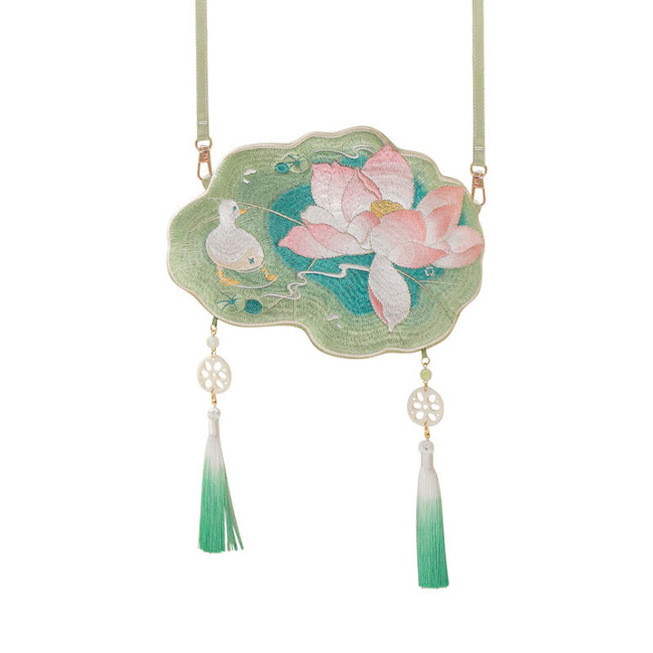 Buddha Stones Szczęście Haft Lotos Koi Ryba Królik Kwiat Hanfu Torba Crossbody Torba na Ramię