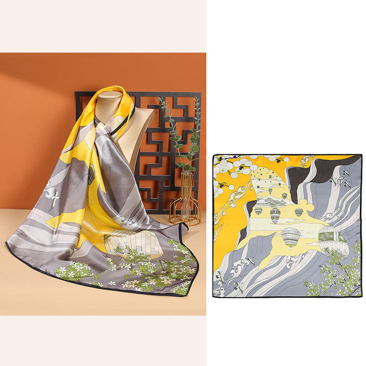 Buddha Stones Scena pasterska Balon na gorące powietrze Wiosenne kwiaty 100% jedwabiu morwowego Chusta na szyję - Żółty balon na ogrzane powietrze - image 10