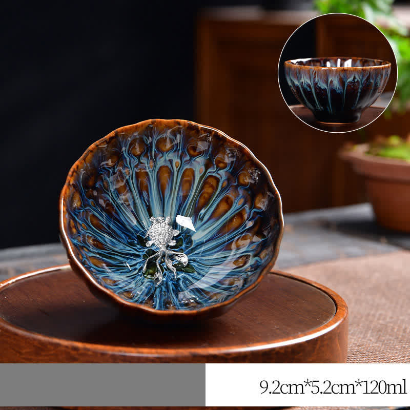 Buddha Stones Lotos Paw Smok Feniks Ryba Koi Ceramiczna filiżanka do herbaty Intarsjowane filiżanki do herbaty 120 ml - Srebrny - Ryba Koi - image 22