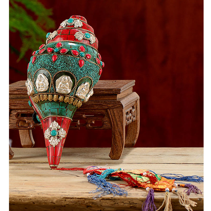 Tybetańska, ręcznie robiona Shankha Om Mani Padme Hum Budda Avalokitesvara turkusowa muszla pozytywna dekoracja - image 12