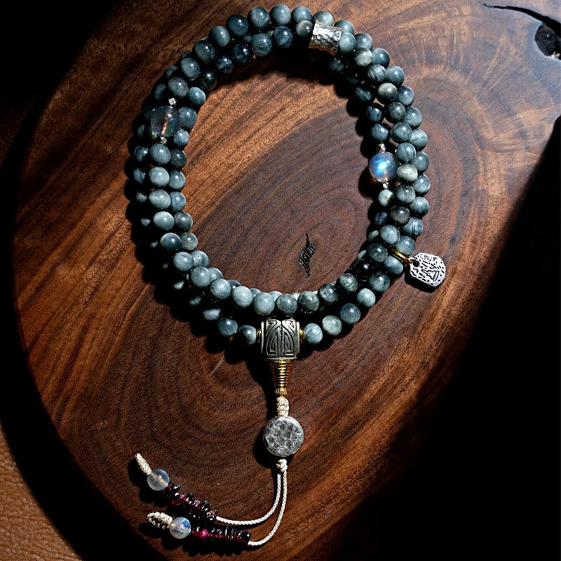 Buddha Stones 925 Srebro Sterling 108 Koraliki Mala Kamień Orle Oko Kamień Księżycowy Pozytywna Bransoletka