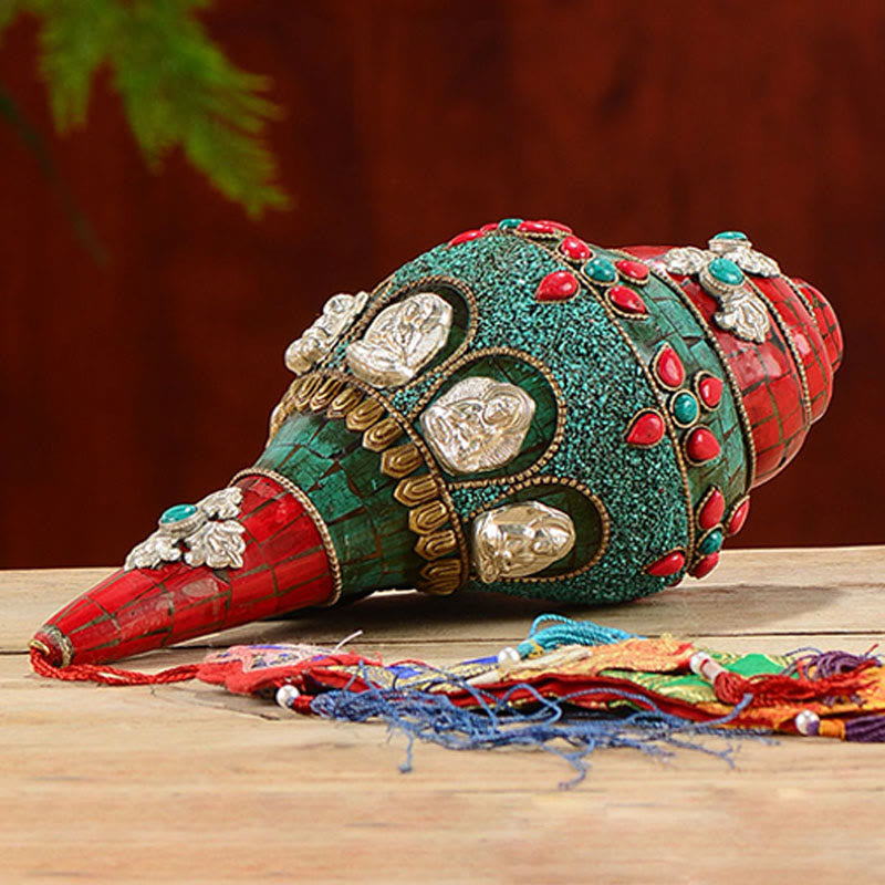 Tybetańska, ręcznie robiona Shankha Om Mani Padme Hum Budda Avalokitesvara turkusowa muszla pozytywna dekoracja - image 2