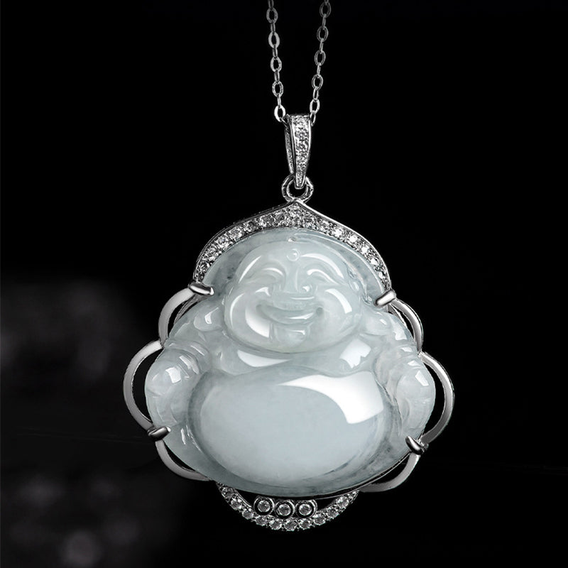 Buddha Stones 925 Srebro Sterlingowe Śmiejący się Budda Naturalny Jadeit Obfitość Naszyjnik Wisiorek - image 4