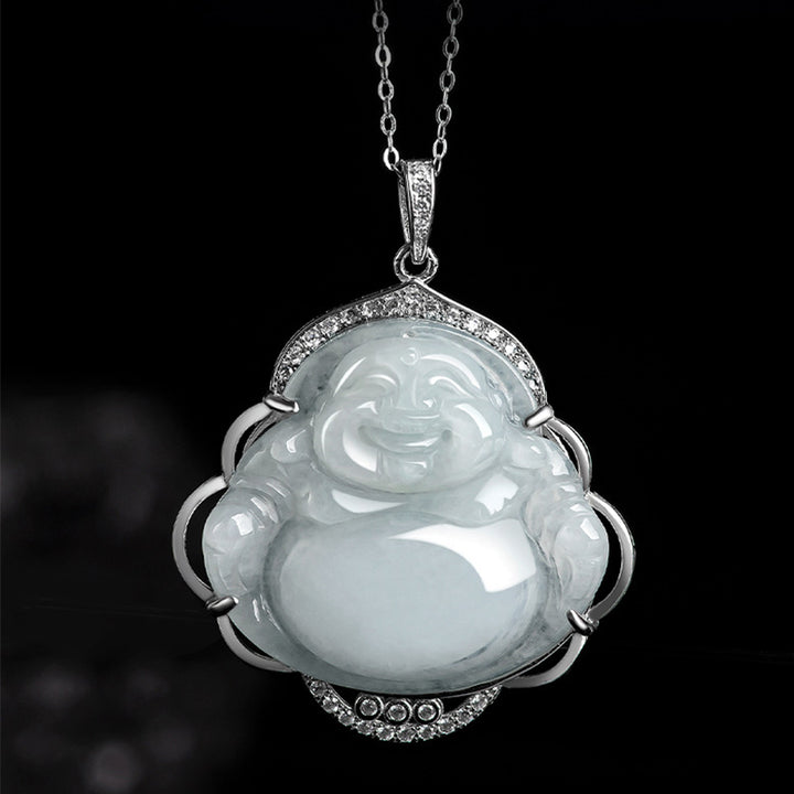 Buddha Stones 925 Srebro Sterlingowe Śmiejący się Budda Naturalny Jadeit Obfitość Naszyjnik Wisiorek - image 4