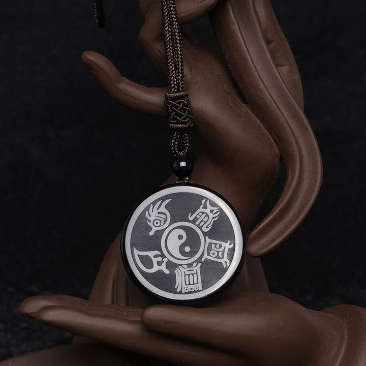 Buddha Stones Czarny Obsydian Taoizm Pięć Świętych Gór Dziewięcioznakowa Mantra Rzeźbiony Oczyszczający Naszyjnik Wisiorek Yin Yang - image 10