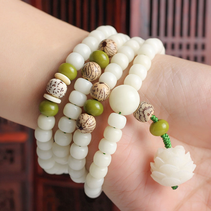Buddha Stones Biały Jadeit Bodhi Lotus Mala Harmony Naszyjnik Bransoletka